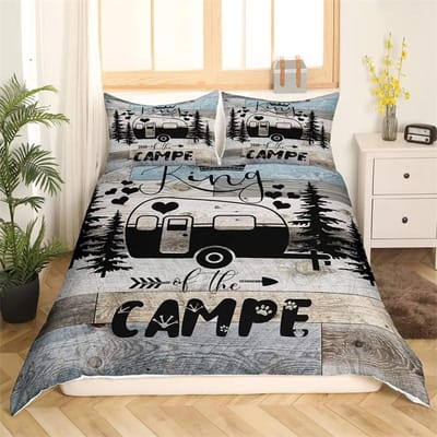 Happy Camping Dekbedovertrek King, Zomer Kamperen Decoratie Beddengoed Voor Jongen Tieners Familie, Strandvakantie Stijl Dekbedovertrek Set 140x200cm 2pcs
