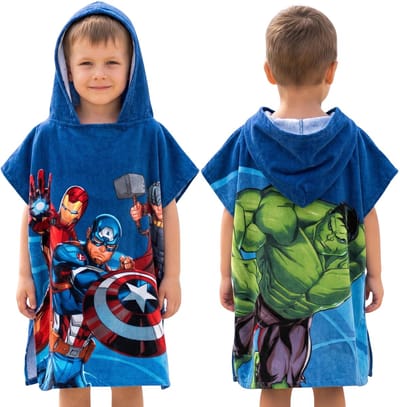 MARVEL Avengers Zwembadhanddoek, sneldrogende poncho met capuchon voor kinderen, op het strand, 100% katoen 50x115cm OEKO-TEX