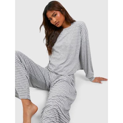 boohoo Dames Hoge Loungewear Gestreepte Top met Lange Mouwen & Broek Pyjama Set | Grijs | Maat: 38