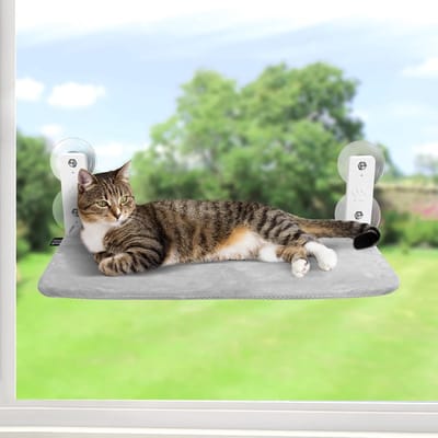 Verstelbare Kattenhangmat voor het Raam - Draagbare Plank met Zuignappen, Comfortabele Zithoek voor Binnenkatten tot 25 kg (Grijs, L)