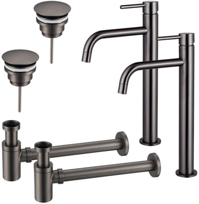 FugaFlow Eccelente Sobrado Badkamer Slim Wastafelkraanset - voor dubbele wastafel - verhoogde wastafelkraan - always open plug - verlaagde design sifon - PVD Gepolijst Gunmetal