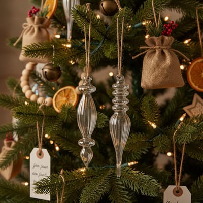 Glazen pegels kersthanger mondgeblazen met jute koord 15 cm set van 6 - Kerstboomversiering glas - Klassieke kerstdecoratie