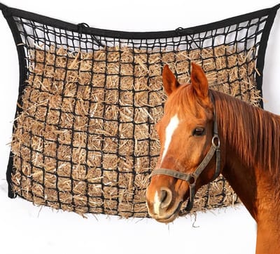 Hooinet voor paarden, hooizak voor paarden, groot 90 x 60 cm, maaswijdte 3 x 3 cm, fijnmazig voor 4 kg hooi, voederzak, Hay Net Horse, stro voedernet voor paarden, pony's, geiten (zwart)