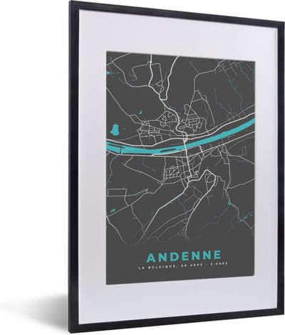 Fotolijst incl. Poster - Stadskaart – Grijs - Kaart – Andenne – België – Plattegrond - 30x40 cm - Posterlijst