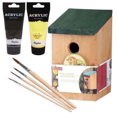 Houten vogelhuisje/nestkastje 22 cm - in het zwart/geel maken - Dhz schilderen pakket - 2x tubes verf en kwasten