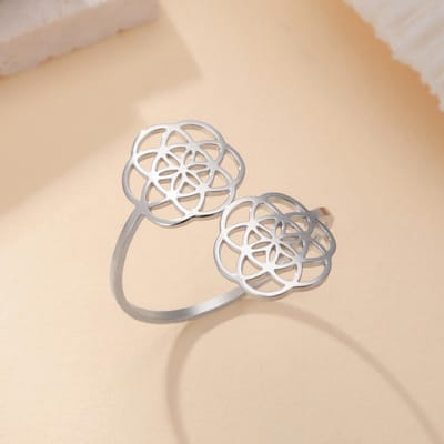 Likgreat Holle Bloem van het Leven Heilige Geometrie Verstelbare Ring Voor Vrouwen Roestvrij Staal Vintage Chakra Mandala Sieraden Cadeau Nieuw resizable beige