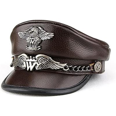 Casquette Militaire Exclusif en Cuir de Vachette Véritable Homme Chapeau Plat en Cuir Véritable Mode Chaîne Marque Aigle Punk Locomotive Casquette Homme 57-58cm gray