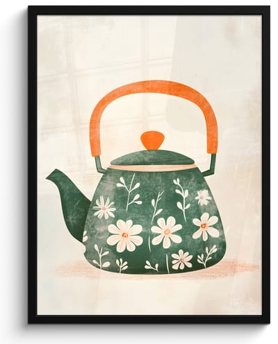Poster in lijst - Fotolijst 50x70 cm - Posters - Theepot - Groen - Bloemen - Oranje - Posterlijst zwart - Decoratie - Wanddecoratie woonkamer - Muurdecoratie slaapkamer