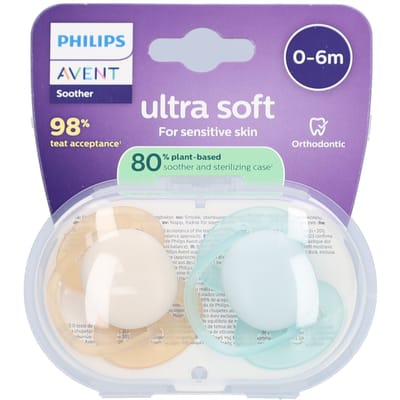 Philips Avent Ultra Soft – Superzachte siliconen fopspeen (0-6 mnd) – Voor gevoelige huid – 2 stuks - SCF091/40