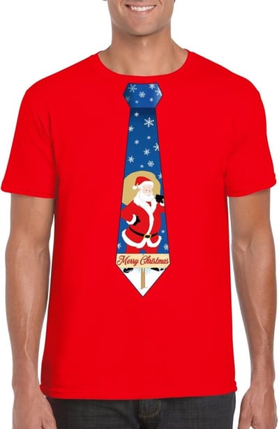 Foute Kersttrui t-shirt - voor heren - rood - met stropdas kerstman print - kerstdiner kleding - korte mouwen S