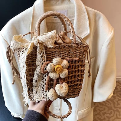 Sacs tissés faits à la main  Sacs à main décontractés et pour les vacances à la mer  Sacs bandoulière pour femmes  Panier à légumes texturé de niche pour femmes W3933WW-