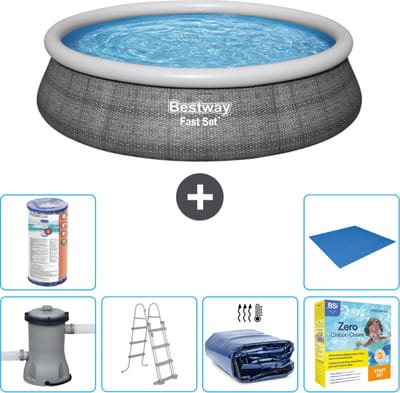 Bestway Rond Opblaasbaar Fast Set Zwembad - Rotanprint - 457 x 107 cm - Inclusief Pomp - Ladder Solarzeil - Onderhoudspakket - Filter - Grondzeil
