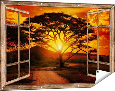 Gards Tuinposter Doorkijk Zonsondergang Achter een Savanne Boom - 120x80 cm - Tuindoek - Tuindecoratie - Wanddecoratie buiten - Tuinschilderij