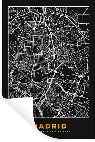 Muurstickers - Sticker Folie - Madrid - Goud - Plattegrond - Stadskaart - Kaart - 20x30 cm - Plakfolie - Muurstickers Kinderkamer - Zelfklevend Behang - Zelfklevend behangpapier - Stickerfolie
