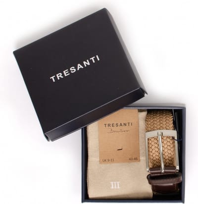 TRESANTI | ZENO I Giftbox gevlochten riem met bamboe sokken | cognac | Size 95
