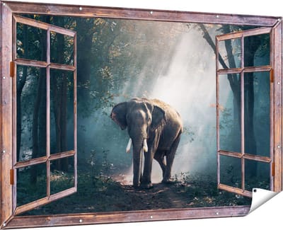 Gards Tuinposter Doorkijk Olifant in het Bos met Zonneschijn - 180x120 cm - Tuindoek - Tuindecoratie - Wanddecoratie buiten - Tuinschilderij