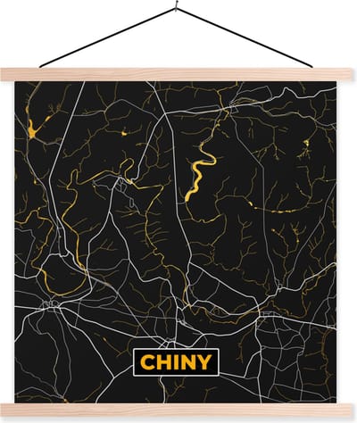 Posterhanger incl. Poster 40x40 cm - Schoolplaat - goud - Plattegrond - Chiny - Stadskaart - Kaart - Textielposter - Blanke latten - Stadskaart