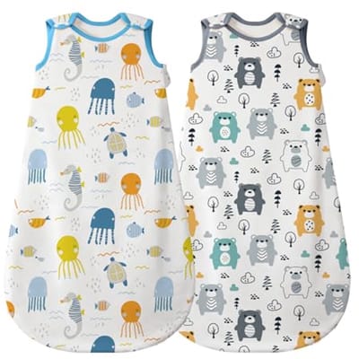 Zomer Babyslaapzak 2-Pack voor Jongens en Meisjes - Mouwloos en Wasbaar met Dierlijke Cartoon Motief 0,5 TOG