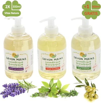 Vloeibare handzeep 2x300ml + 1 GRATIS | Lavendel, Olijf, Boomgaard | Biologisch | Cigale Bio Frankrijk