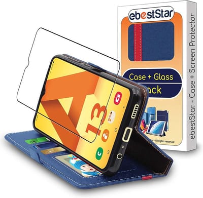 ebestStar - Hoes geschikt voor Samsung Galaxy A13 A135F, Wallet Etui, Book case hoesje, Donkerblauw, Rood + Gehard Glas