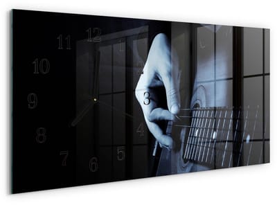Tulup Wandklok - Gitarist Wandklok Glas Met Motief - 60x30 cm - Zwart Decoratieve Glazen Klok - Zwarte Handen - Rechthoekige Wandklok - Decoratieve Glazen Klok - Glazen Wandklok Design