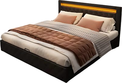 Bed 160x200 Zwart - Met LED, Tweepersoonsbedden en Zwart PU Lee - Geschikt voor Slaapkamer