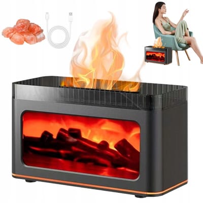 Luchtbevochtiger - Aroma Diffuser - Geurverspreiders - 3D Vlam Sfeer Salthouder - Zwart - 200ml - Ultrasone Verneveling & 7 Kleuren LED - USB Voeding - Inclusief 50 g zoutsteen