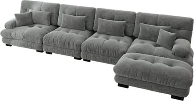 Modulaire hoekbank, L-vormige bank set voor woonkamer, 4-zits comfortabele cloud banken met verrijdbare ottomane, DIY-combinatie, chenille, donkerrijs