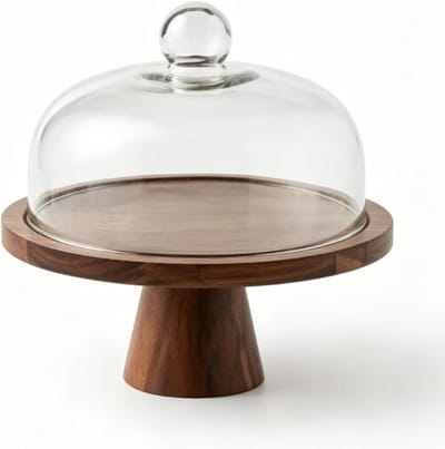 Taartstandaard met Koepel - Dessert Presentatie - Feestelijk Diner - Natuurlijke Materialen - 30 x 28 x 28 cm - Donkerbruin