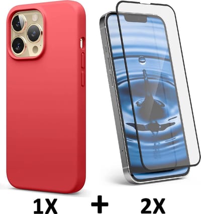 HB Hoesje Geschikt voor Apple iPhone 13 Pro - Rood / 2X Volledige Glazen Screenprotector - Siliconen Back Cover