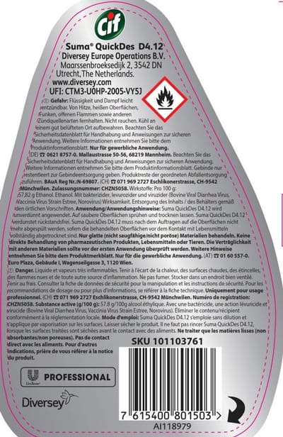 Cif Professional Quick Des desinfectiemiddel op alcoholbasis voor oppervlakken en apparaten, 750 ml spuitfles HACCP