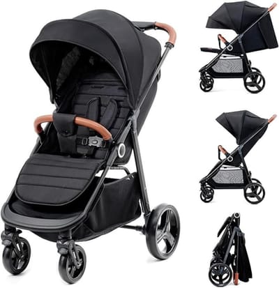 Verte Reisbuggy - Lichtgewicht Kinderwagen Vanaf de Geboorte tot 22 kg - Met Eén Hand op te Vouwen - Ligstand - Ruime XL-Bak - Alle Wielen Geveerd - Zwart