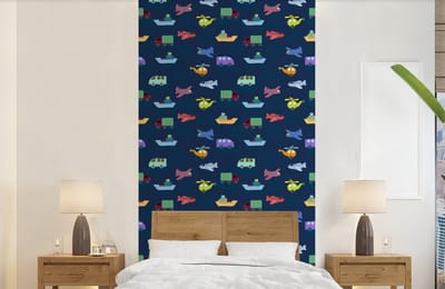 Behang - Fotobehang Patronen - Vliegtuig - Boot - Vrachtwagen - Jongetje - Jongens - Kinderen - Kids - Breedte 120 cm x hoogte 240 cm