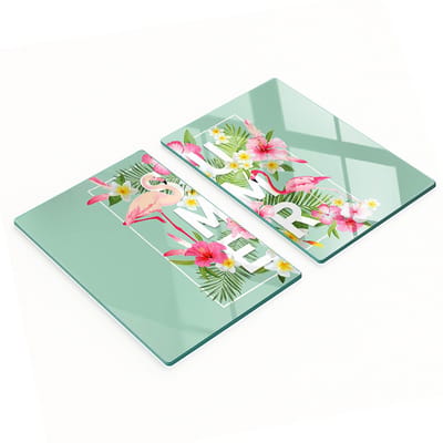 Twee decoratieve snijplanken van gehard glas met flamingo-motief, 2x40x52 cm