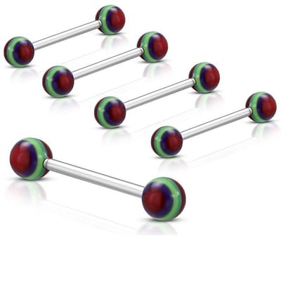 Aramat Jewels | Tongpiercings | Kleurrijke Gestreepte Tongpiercing van Staal | Groen-Blauw-Rood | |6mm | Staal | Volwassenen | Verkleurd niet
