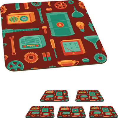 Onderzetters voor glazen - Patroon - Retro - Gereedschap - 10x10 cm - Glasonderzetters - 6 stuks