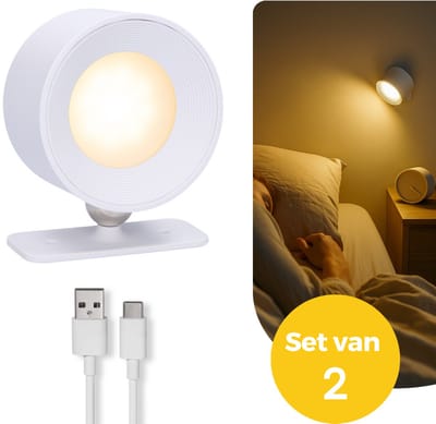 Latium Oplaadbare Wandlampen Set van 2 voor Binnen – Draadloos en USB oplaadbaar – Dimbaar en te Bevestigen zonder Boren - 3 Lichtkleuren – USB Oplaadbaar – Wit