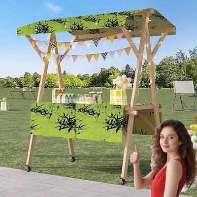 Houten Marktkraam Display - Opvouwbare Kar - Voedselverkoper Presentatie - Inclusief Luifel Tafelkleed - 190cm Hoog 150cm Breed
