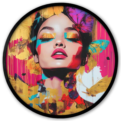 Poster in lijst Rond - Fotolijst 40x40 cm - Posters - Vrouw - Abstract - Kleurrijk - Ronde posterlijst zwart - Decoratie - Wanddecoratie woonkamer - Muurdecoratie slaapkamer