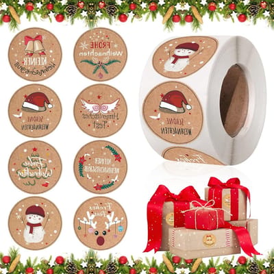 Ronde Kerststickers, 500 Zelfklevende Stickers voor Cadeaus, Handgemaakte Enveloppen en Wenskaarten, Perfect voor Cadeauverpakkingen