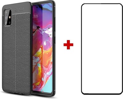 Silicone Leatherlook TPU gel zwart hoesje Telefoonhoesje geschikt voor Samsung Galaxy A51 met (full cover) glas screenprotector