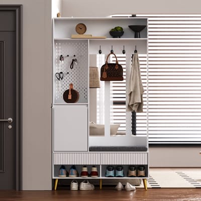 Halkasten - 100x35x180 cm - Wandgarderobe Met Schuhbank, 4 Haken, 2 Laden, 1 Deur - Hout - Wit