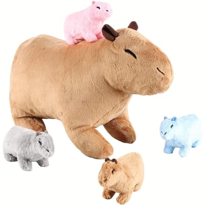 Kawaii Capybara Pluche Speelgoed 34 cm Moeder Knuffeldier met 4 Baby Capybara's Binnenin Rits Buik bruin
