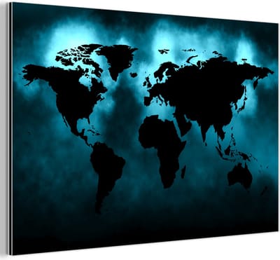 Aluminium schilderij 180x120 cm - Wanddecoratie metaal - Wereldkaart - Zwart - Blauw - Metalen muurdecoratie woonkamer - Decoratie industrieel - Foto op dibond - Industriële accessoires slaapkamer