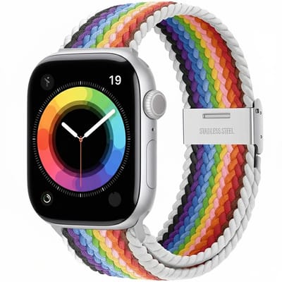 Gemengde kleur nylon horlogebandje geschikt voor Apple Watch dames en heren 38 mm / 40 mm / 41 mm / 42 mm (serie 10 / 11), elastisch gevlochten smartwatch bandje zonder gesp, regenboog multicolor stretch vervangend horloge bandje