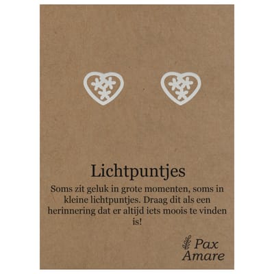 Stainless Steel Hartje met Bloemetjes Oorbellen op Cadeau Kaartje - Lichtpuntjes - ± 10x10mm Oorknopjes Zilverkleurig Roestvrij Staal - Pax Amare