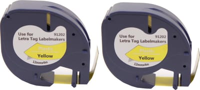 KATRIZ® huismerk label tape voor Dymo 91202 | DYMO LETRATAG LetraTag 100H/LetraTag 100T/LetraTag 2000/LetraTag QX54 | Zwart op Geel | 12mm*4m | 2 stuks