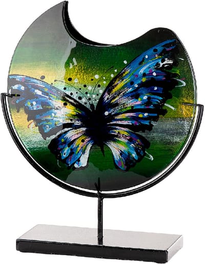 Decoratie vaas Vlinder - 9x33x39 cm - kleur groen blauw - glas en metaal - niet doorschijnend vaas in standaard