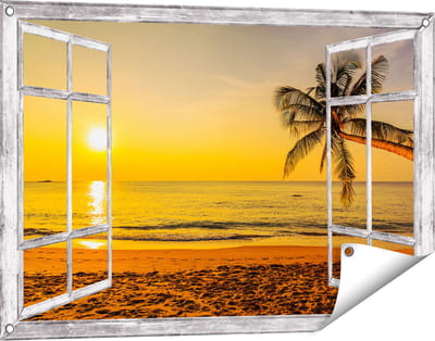Gards Tuinposter Doorkijk Tropisch Strand tijdens Zonsondergang - 90x60 cm - Tuindoek - Tuindecoratie - Wanddecoratie buiten - Tuinschilderij