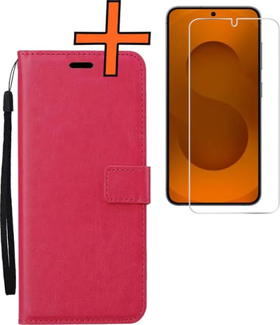 Hoes - Met Screenprotector - Geschikt voor Samsung Galaxy S25 - Luxe Pasjeshouder - Bookcase Portemonee - Flip Case - Kunstleer Book Case - Flipcase - Book Cover - Walletcase - PortemonneeHoes - Donkerroze
